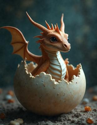 The primary subject of the image is a small, cute dragon figurine sitting inside an egg. The setting is a dark background, which adds to the overall mood of the scene. The visual style is a combination of photo and digital art, creating a unique and eye-catching image. The colors are predominantly orange and white, which gives the scene a warm and inviting atmosphere.